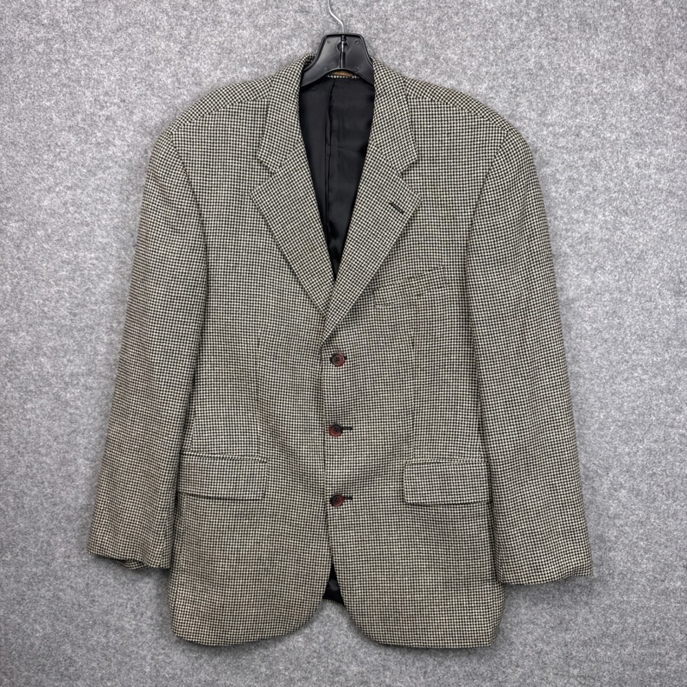 Ralph Lauren Blue Label Mens 40R Silk Wool Houndstooth Blazer Sport Coat Tan